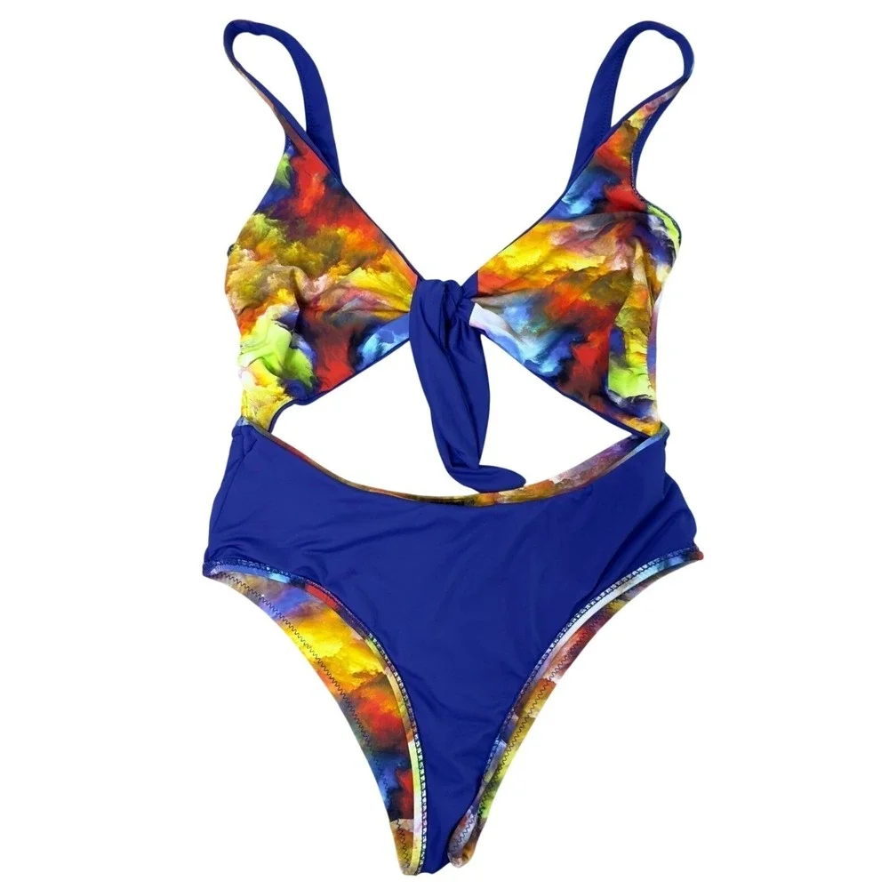 Zuiki Reversible One‎ Piece Swimsuit Blue Abstract Cloud Print Cutout Tie Front